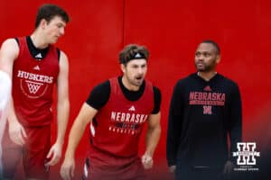Nebraska Cornhusker Sam Hoiberg (1) shooting around during basketball practice on Tuesday, September 23, 2025, in Lincoln, Nebraska. Photo by John S. Peterson.