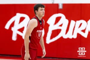 Nebraska Cornhusker Pryce Sandfort (21) shooting around during basketball practice on Tuesday, September 23, 2025, in Lincoln, Nebraska. Photo by John S. Peterson.