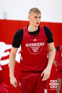 Nebraska Cornhusker Leo Curtis (33) shooting around during basketball practice on Tuesday, September 23, 2025, in Lincoln, Nebraska. Photo by John S. Peterson.