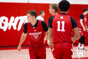 Nebraska Cornhusker Cale Jacobsen (31) gives Quentin Rhymes (11) five during basketball practice on Tuesday, September 23, 2025, in Lincoln, Nebraska. Photo by John S. Peterson.