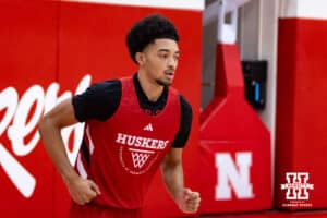 Nebraska Cornhusker Quentin Rhymes (12) runs down the court during basketball practice on Tuesday, September 23, 2025, in Lincoln, Nebraska. Photo by John S. Peterson.
