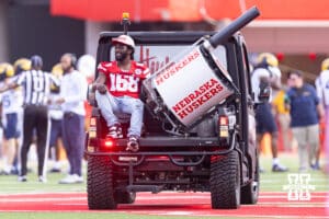 World Champion boxer Terence "Bud" Crawford in the ATV with the t-shirt cannon during a college football game against Michigan on Saturday, September 20, 2025, in Lincoln, Nebraska. Photo by John S. Peterson.
