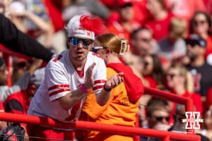 Husker fan reacts to the touchdown before the half against Michigan during a college football game on Saturday, September 20, 2025, in Lincoln, Nebraska. Photo by John S. Peterson.