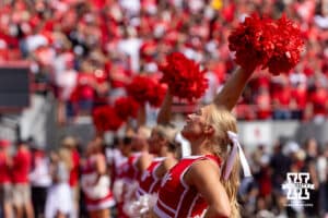 Husker Spirit Squad leading cheers before Nebraska takes on Michigan during a college football game on Saturday, September 20, 2025, in Lincoln, Nebraska. Photo by John S. Peterson.