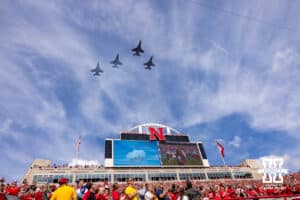 F-16 flyover before Nebraska takes on Michigan during a college football game on Saturday, September 20, 2025, in Lincoln, Nebraska. Photo by John S. Peterson.