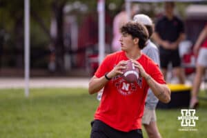 Nebraska student throws a football during a pre-game event at the Union before a college football game against Michigan on Saturday, September 20, 2025, in Lincoln, Nebraska. Photo by John S. Peterson.