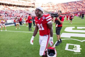 Nebraska Cornhusker Emmett Johnson (21) walks back to the locker room after the game against the Michigan Wolverines during a college football game on Saturday, September 20, 2025, in Lincoln, Nebraska. Photo by John S. Peterson.