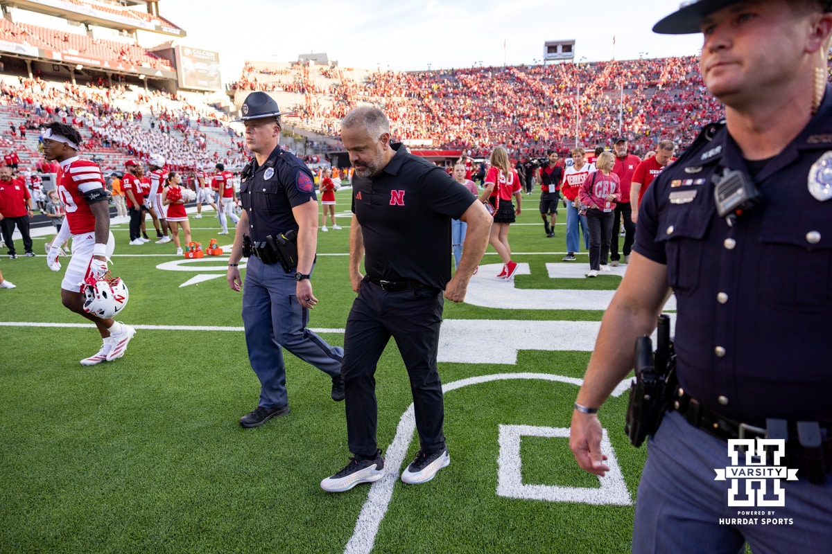 Nebraska Cornhusker head coach Matt Rhule walks to the locker room after the loss to the Michigan Wolverines during a college football game on Saturday, September 20, 2025, in Lincoln, Nebraska. Photo by John S. Peterson.