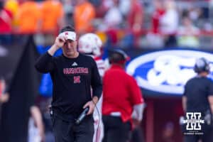 Nebraska Cornhusker special teams coach Mike Ekeler reacts to the play against the Michigan Wolverines during a college football game on Saturday, September 20, 2025, in Lincoln, Nebraska. Photo by John S. Peterson.