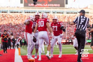 Nebraska Cornhusker Heinrich Haarberg (10) celebrates a touchdown against the Michigan Wolverines during a college football game on Saturday, September 20, 2025, in Lincoln, Nebraska. Photo by John S. Peterson.
