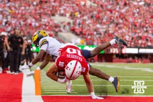 Nebraska Cornhusker Heinrich Haarberg (10) dives into the endzone for a touchdown against the Michigan Wolverines during a college football game on Saturday, September 20, 2025, in Lincoln, Nebraska. Photo by John S. Peterson.