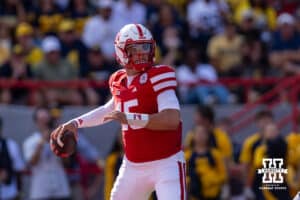 Nebraska Cornhusker Dylan Raiola (15) drops back to pass in the third quarter against the Michigan Wolverines during a college football game on Saturday, September 20, 2025, in Lincoln, Nebraska. Photo by John S. Peterson.