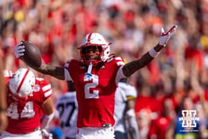 Nebraska Cornhusker Jacory Barney Jr. (2) celebrates a touchdown against the Michigan Wolverines in the second quarter during a college football game on Saturday, September 20, 2025, in Lincoln, Nebraska. Photo by John S. Peterson.