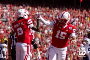 Nebraska Cornhusker Jacory Barney Jr. (2) and Dylan Raiola (15) celebrates a touchdown in the second quarter against the Michigan Wolverines during a college football game on Saturday, September 20, 2025, in Lincoln, Nebraska. Photo by John S. Peterson.