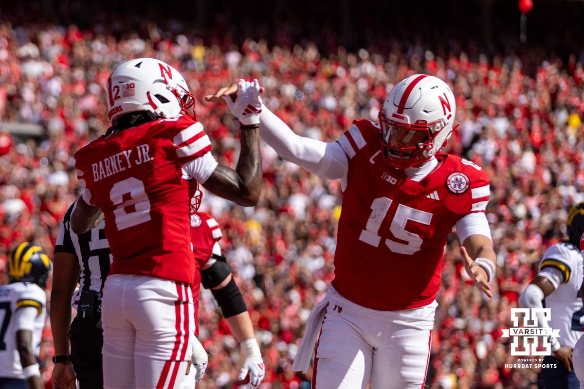 Nebraska Cornhusker Jacory Barney Jr. (2) and Dylan Raiola (15) celebrates a touchdown in the second quarter against the Michigan Wolverines during a college football game on Saturday, September 20, 2025, in Lincoln, Nebraska. Photo by John S. Peterson.