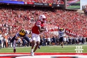 Nebraska Cornhusker Jacory Barney Jr. (2) makes a catch for a touchdown against the Michigan Wolverines in the second quarter during a college football game on Saturday, September 20, 2025, in Lincoln, Nebraska. Photo by John S. Peterson.