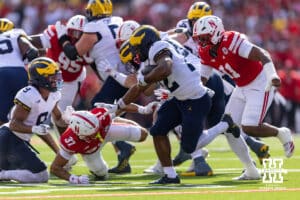 Michigan Wolverine Justice Haynes (22) runs with the ball agianst the Nebraska Cornhuskers during a college football game on Saturday, September 20, 2025, in Lincoln, Nebraska. Photo by John S. Peterson.