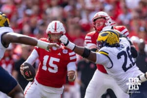 Nebraska Cornhusker Dylan Raiola (15) runs with the ball against the Michigan Wolverines during a college football game on Saturday, September 20, 2025, in Lincoln, Nebraska. Photo by John S. Peterson.