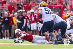 Nebraska Cornhusker DeShon Singleton (8) recovers a Michigan fumble during a college football game on Saturday, September 20, 2025, in Lincoln, Nebraska. Photo by John S. Peterson.
