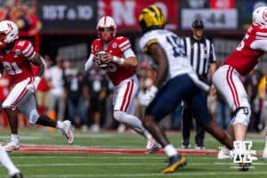 Nebraska Cornhusker Dylan Raiola (15) rolls up to pass against the Michigan Wolverines during a college football game on Saturday, September 20, 2025, in Lincoln, Nebraska. Photo by John S. Peterson.