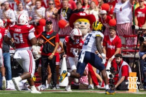 Nebraska Cornhusker Jacory Barney Jr. (2) runs along the sideline agains the Michigan Wolverines during a college football game on Saturday, September 20, 2025, in Lincoln, Nebraska. Photo by John S. Peterson.