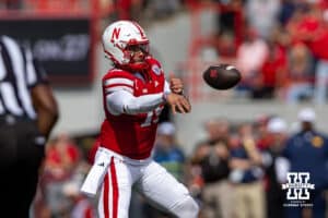 Nebraska Cornhusker Dylan Raiola (15) thorws the ball against the Michigan Wolverines in the first quarter during a college football game on Saturday, September 20, 2025, in Lincoln, Nebraska. Photo by John S. Peterson.