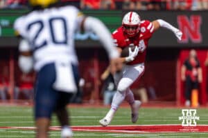 Nebraska Cornhusker Luke Lindenmeyer (44) runs with the ball after a catch against the Michigan Wolverines during a college football game on Saturday, September 20, 2025, in Lincoln, Nebraska. Photo by John S. Peterson.