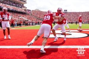 Nebraska Cornhuskers Dylan Parrott (99) and David Hoffken (53) warming up before a college football game against the Michigan Wolverines on Saturday, September 20, 2025, in Lincoln, Nebraska. Photo by John S. Peterson.