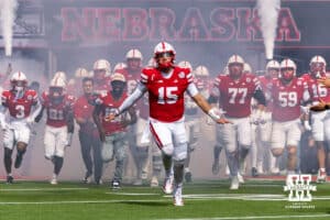 Nebraska Cornhusker Dylan Raiola (15) leads the team out for the tunnel walk against the Michigan Wolverines during a college football game on Saturday, September 20, 2025, in Lincoln, Nebraska. Photo by John S. Peterson.