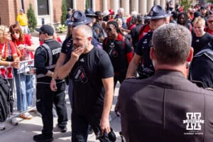 Nebraska Cornhusker head coach Matt Rhule makes his way to the stadium before a college football game Michigan Wolverines on Saturday, September 20, 2025, in Lincoln, Nebraska. Photo by John S. Peterson.