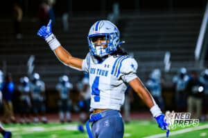 Boys Towns Elijah Nhan (4) checking with the ref if he's lined up on the line during a high school football game against Lincoln Lutheran on Thursday, September 18, 2025, in Lincoln, Nebraska. Photo By Jack Stephens.
