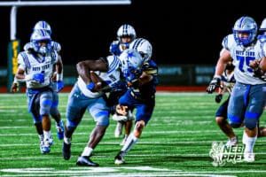Boys Towns Jalyn Conner (44) running for a big gain during a high school football game against Lincoln Lutheran on Thursday, September 18, 2025, in Lincoln, Nebraska. Photo By Jack Stephens.