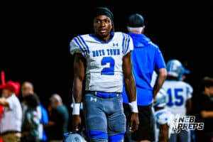 Boys Town's Shawn Lewis (2) is waiting on the sideline during a high school football game against Lincoln Lutheran on Thursday, September 18, 2025, in Lincoln, Nebraska. Photo By Jack Stephens.