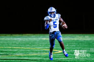 Boys Town's Jayden Cook (5) is running in wide open space for a huge gain during a high school football game against Lincoln Lutheran on Thursday, September 18, 2025, in Lincoln, Nebraska. Photo By Jack Stephens.