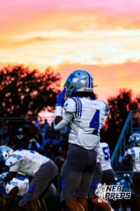 Boys Town's Elijah Nhan (4) is preparing to defend a play during a high school football game against Lincoln Lutheran on Thursday, September 18, 2025, in Lincoln, Nebraska. Photo By Jack Stephens.
