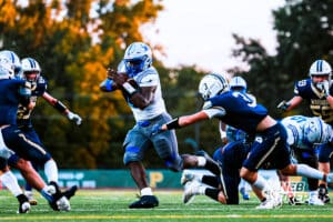 Boys Town's Jalyn Conner (44) is running the ball for a touchdown during a high school football game against Lincoln Lutheran on Thursday, September 18, 2025, in Lincoln, Nebraska. Photo By Jack Stephens.