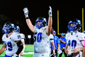 Papio Souths Jack Deloske (50) celebrating after touchdown being scored during the game @ Millard North on Friday, September 12 2025, in Millard, Nebraska. Photo by Jack Stevens.