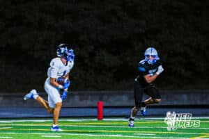 Papio South's Brady Alderson (1) runs in and scores a touchdown after catching a pass during the game at Millard North on Friday, September 12, 2025, in Millard, Nebraska. Photo by Jack Stevens.
