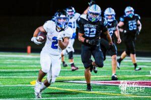 Papio Souths Derek Jones (2) runs for a huge gain and a touchdown right before the half during the game at Millard North on Friday, September 12, 2025, in Millard, Nebraska. Photo by Jack Stevens.