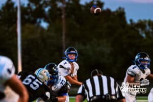 Papio South's Colin Raybourn (7) throws a pass during the game @ Millard North on Friday, September 12, 2025, in Millard, Nebraska. Photo by Jack Stevens.