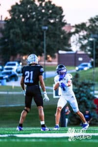 Papio South's Brady Alderson (1) gets set before a pass play during the game @ Millard North on Friday, September 12, 2025, in Millard, Nebraska. Photo by Jack Stevens.