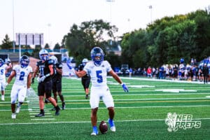 Papio South's Elon Washington (5) dancing after scoring a touchdown during the game @ Millard North on Friday, September 12, 2025, in Millard, Nebraska. Photo by Jack Stevens.