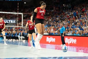 Nebraska Cornhusker Emerson Strain (11) watches the ball go out of bounds during a volleyball match against Creighton on Tuesday, September 16th, 2025 in Omaha, Nebraska. Photo by Brandon Tiedemann.