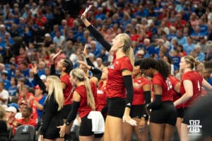 Nebraska Cornhusker Andi Jackson (15) celebrates during a volleyball match against Creighton on Tuesday, September 16th, 2025 in Omaha, Nebraska. Photo by Brandon Tiedemann.