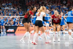 Nebraska Cornhuskers celebrate during a volleyball match against Creighton on Tuesday, September 16th, 2025 in Omaha, Nebraska. Photo by Brandon Tiedemann.