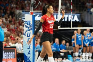 Nebraska Cornhusker Harper Murray (27) celebrates her solo block during a volleyball match against Creighton on Tuesday, September 16th, 2025 in Omaha, Nebraska. Photo by Brandon Tiedemann.
