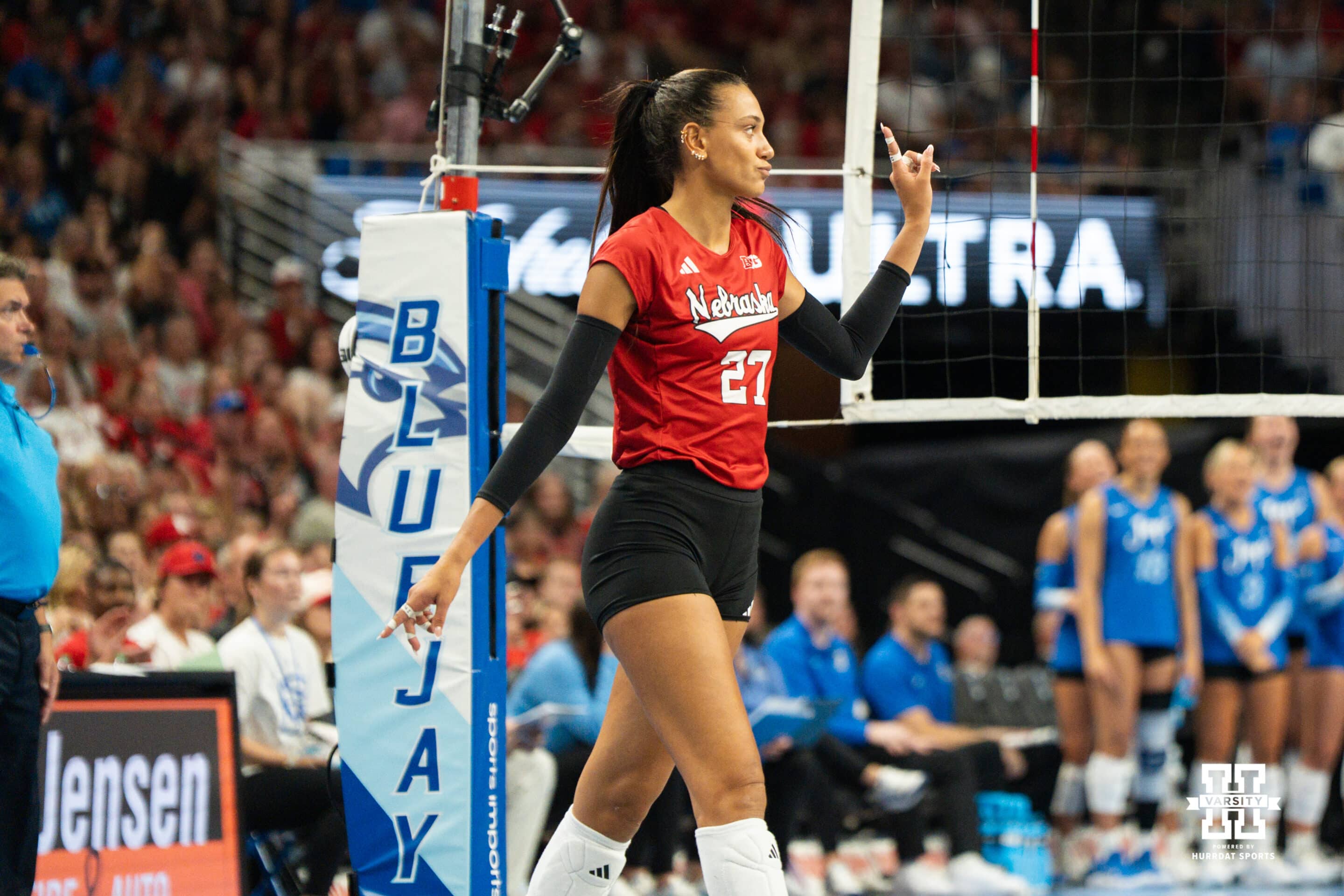 Nebraska Cornhusker Harper Murray (27) celebrates her solo block during a volleyball match against Creighton on Tuesday, September 16th, 2025 in Omaha, Nebraska. Photo by Brandon Tiedemann.