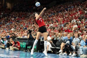 Nebraska Cornhusker Virginia Adriano (9) saves the ball during a volleyball match against Creighton on Tuesday, September 16th, 2025 in Omaha, Nebraska. Photo by Brandon Tiedemann.