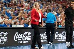 Nebraska Cornhusker head coach Dani Busboom Kelly shurgs after a call during a volleyball match against Creighton on Tuesday, September 16th, 2025 in Omaha, Nebraska. Photo by Brandon Tiedemann.