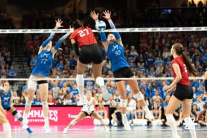 Nebraska Cornhusker Harper Murray (27) spikes the ball during a volleyball match against Creighton on Tuesday, September 16th, 2025 in Omaha, Nebraska. Photo by Brandon Tiedemann.